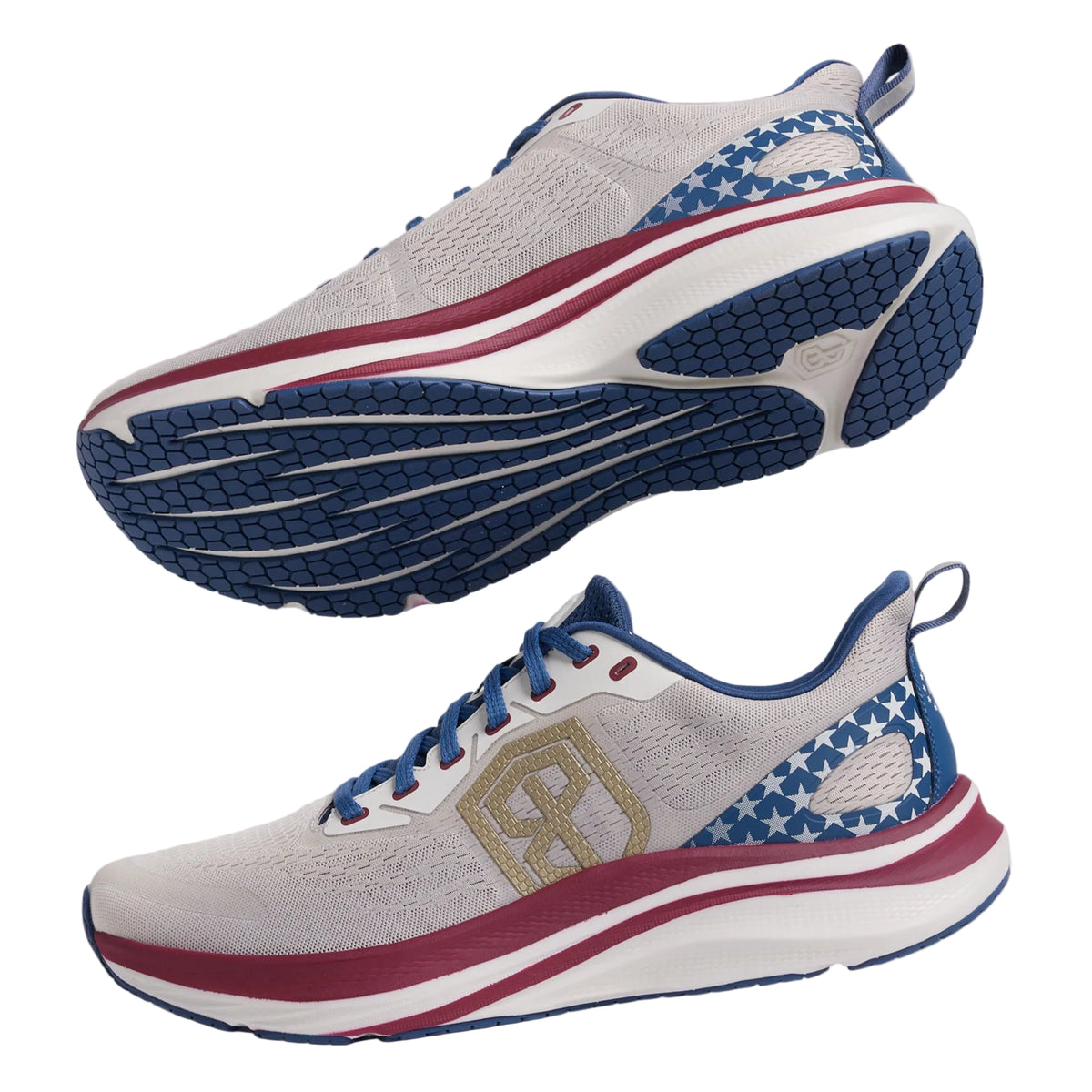 White running shoe with blue, red, and gold accents on a gray background