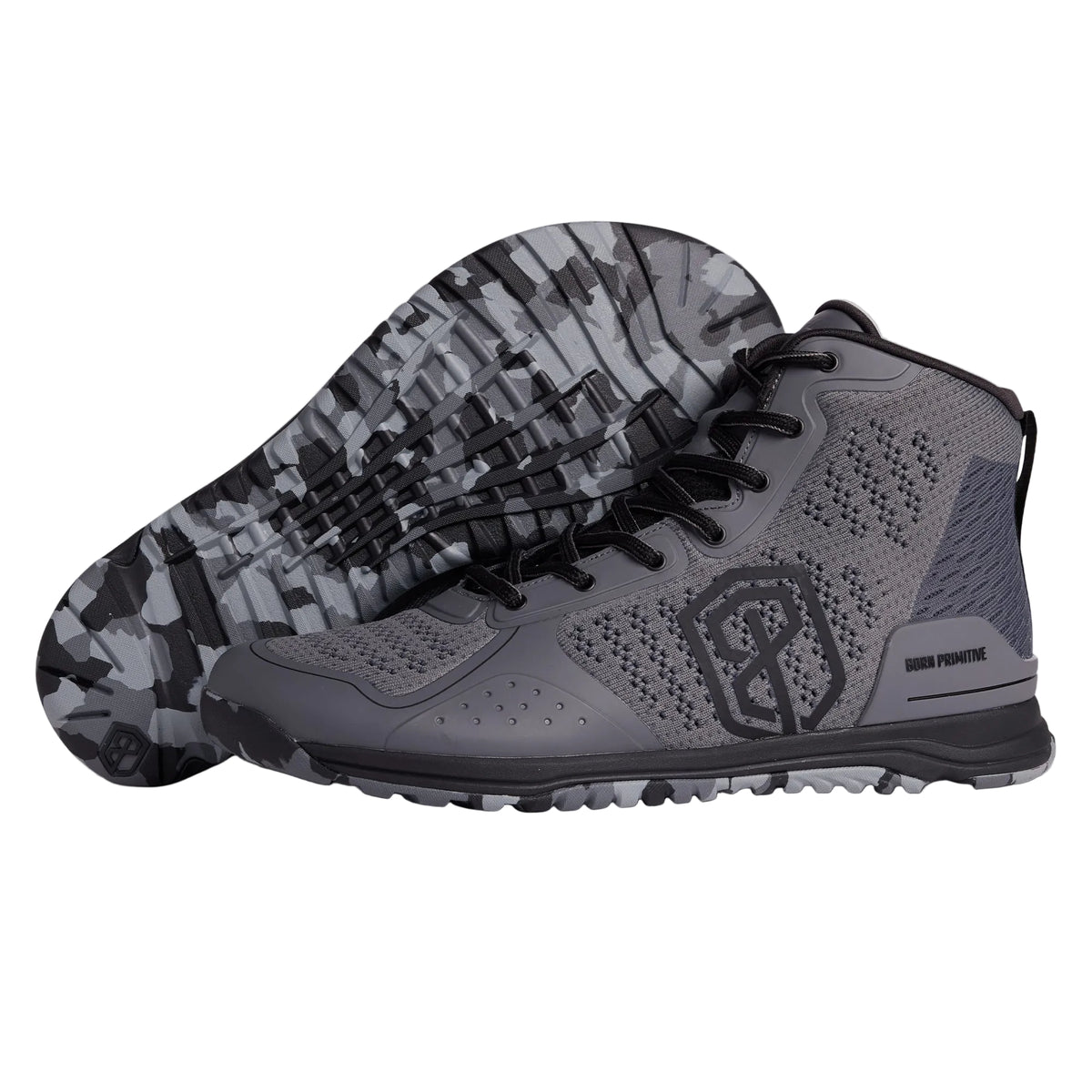 Gray athletic shoe with camouflage sole on a light gray background