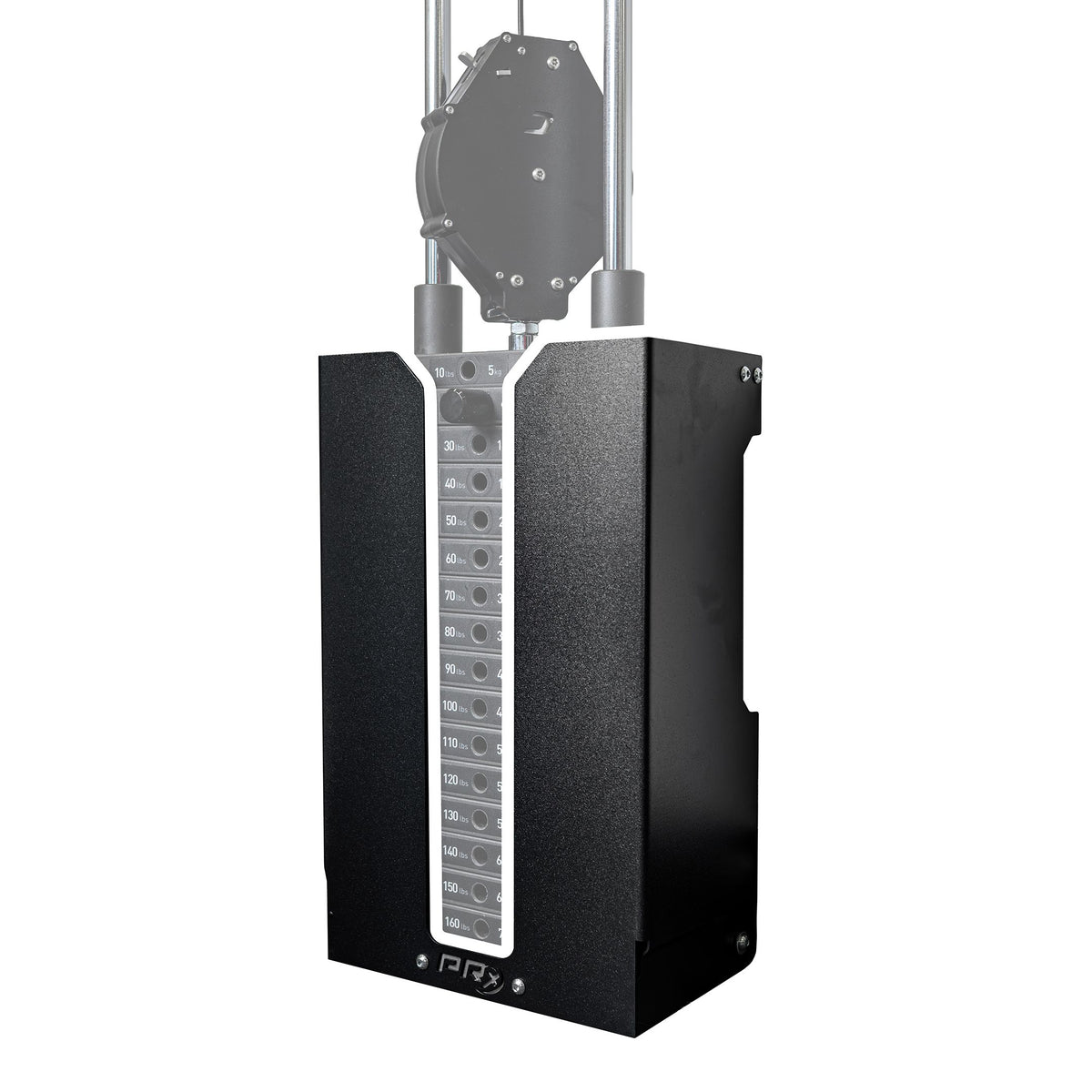 A black metal speaker enclosure with a vertical silver grille and a semi-transparent ghosted diagram of a pulley system above, shown on a plain white background.