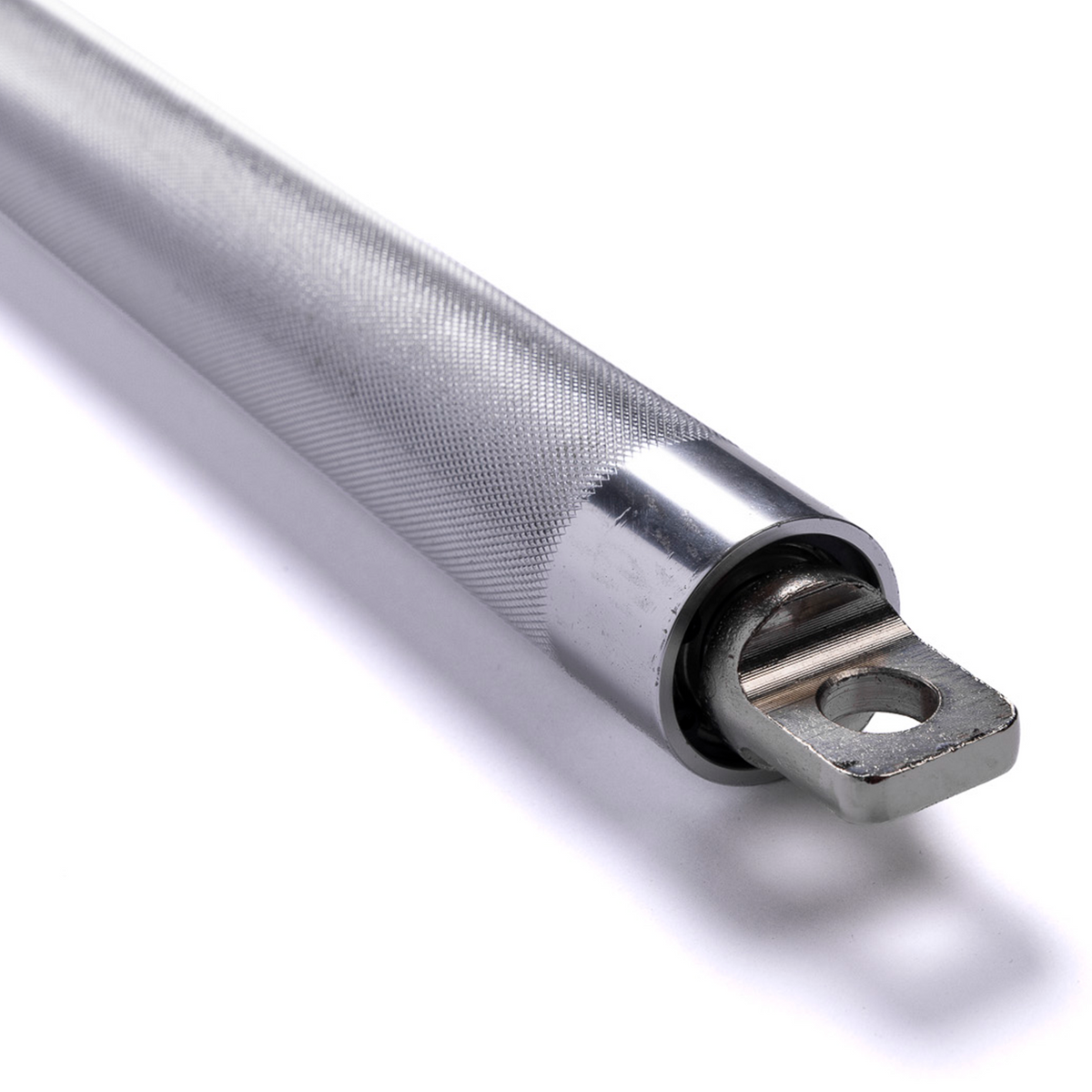 A close-up of a metallic silver bar, likely a bicycle handlebar or tool bar, featuring a knurled grip section and a flat mounting plate with a circular hole, set against a plain white background.