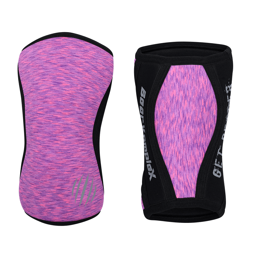 Pair of pink and black knee pads with visible branding on a black background