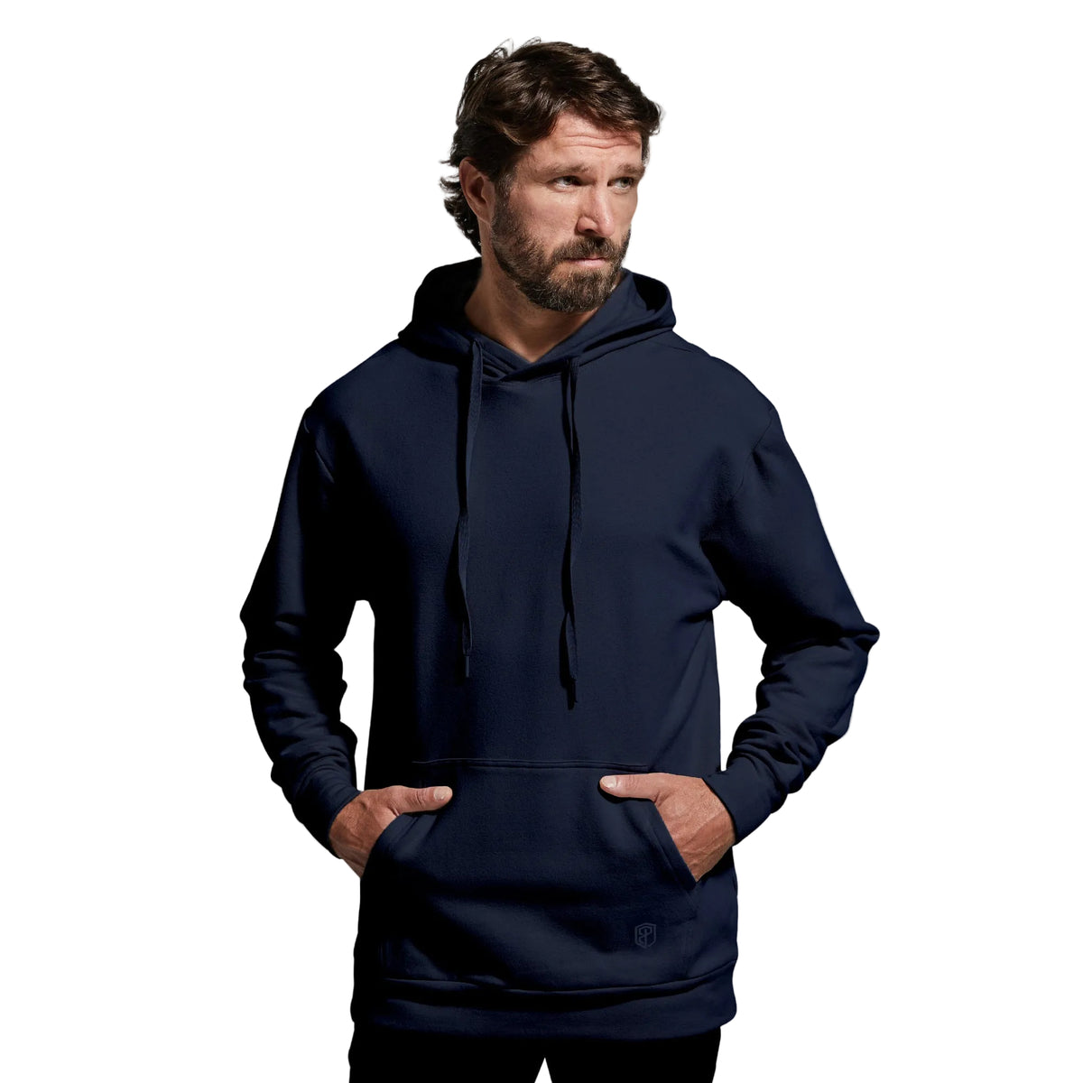 Man wearing a navy blue hoodie against a gray background