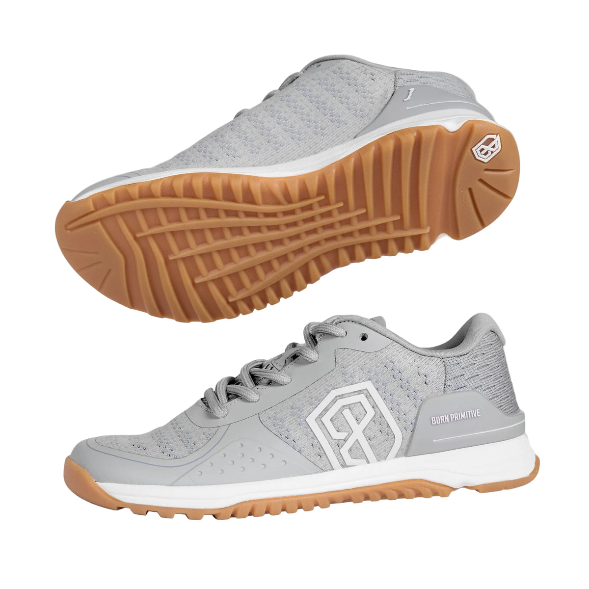Gray athletic shoe with brown sole on a light gray background