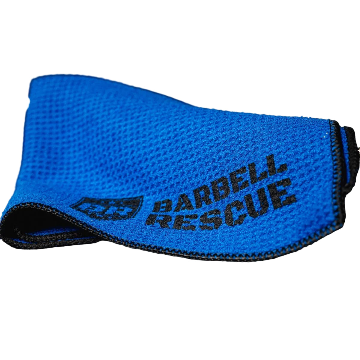 Blue Barbell Rescue towel on a black background