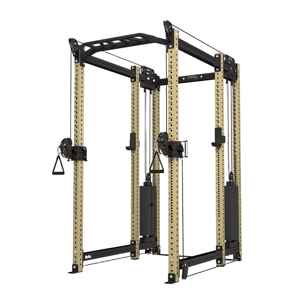 Gym power rack with multiple attachments on a white background