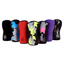 Set of colorful knee pads with various patterns on a white background