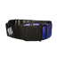 Black waist belt with purple and blue pattern on a white background