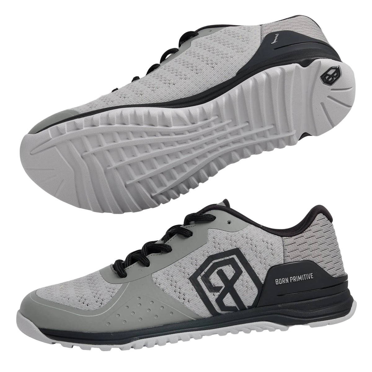 Gray athletic shoes with black accents on a light gray background