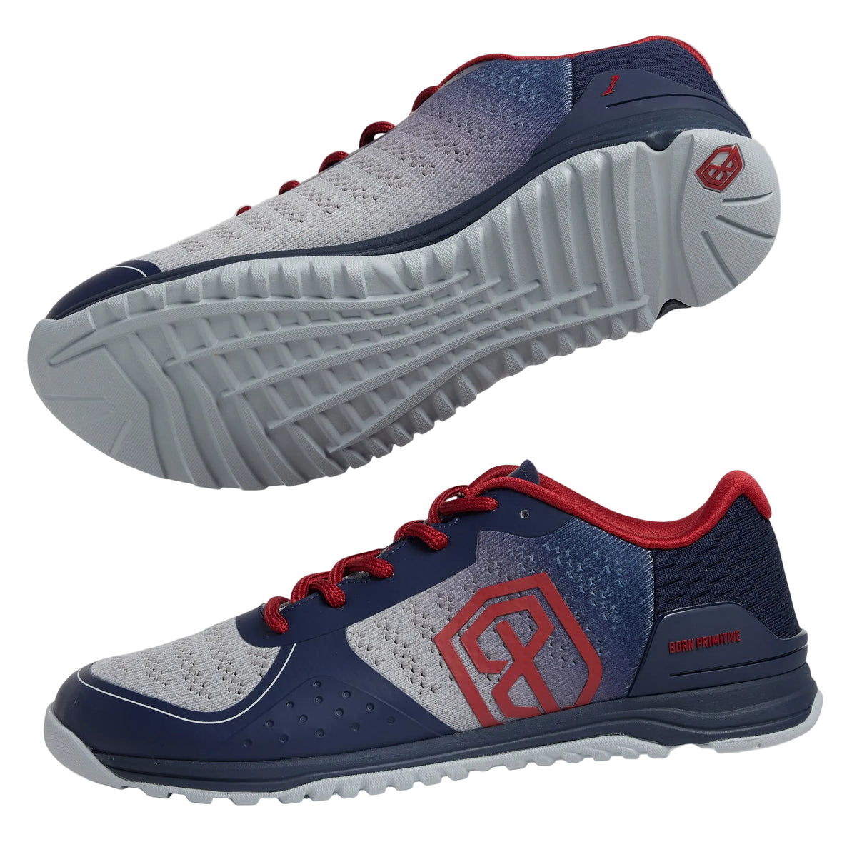 Blue and red athletic shoes with a prominent logo on a light gray background