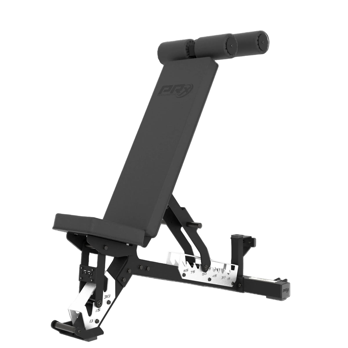 Black adjustable weight bench on a white background