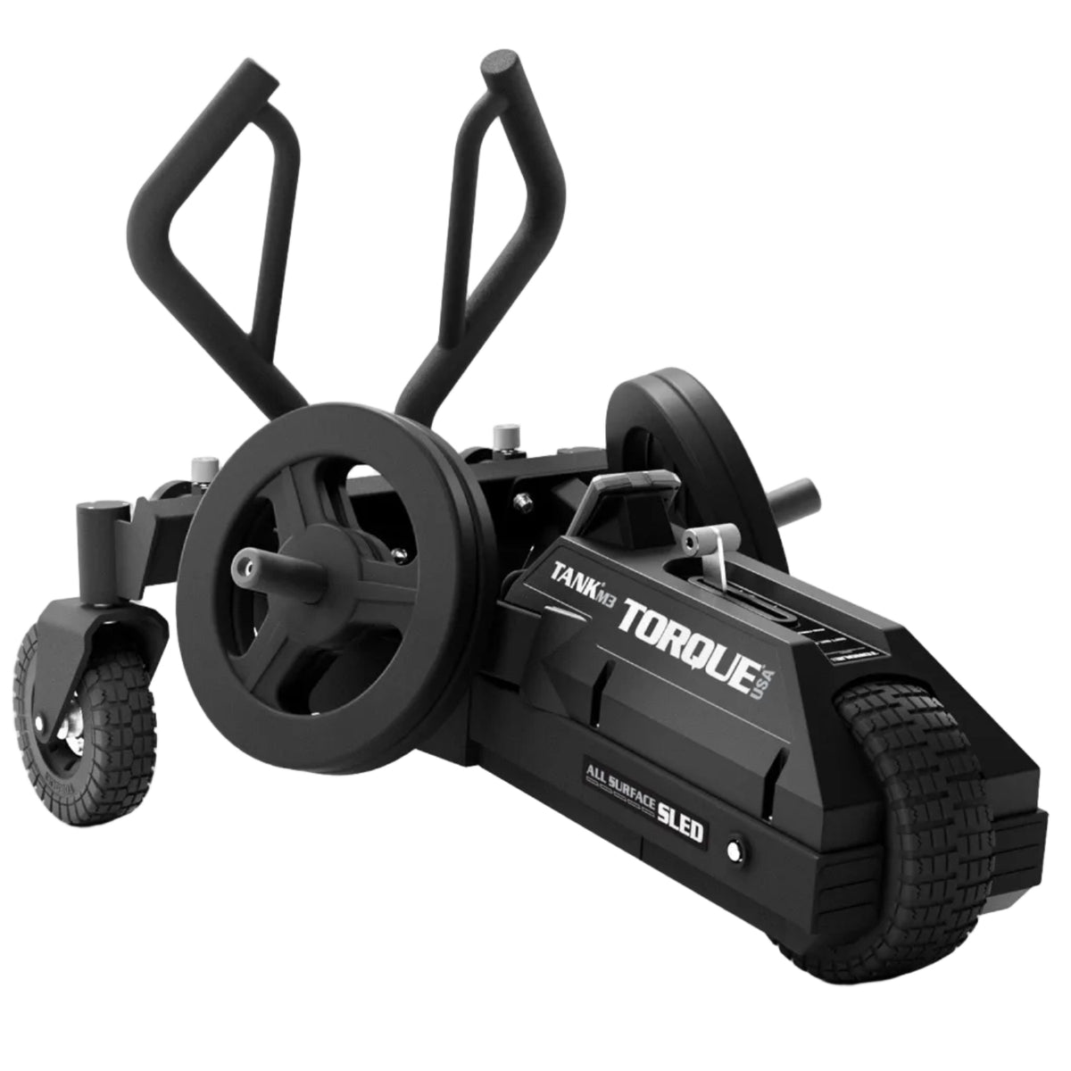 Black torque tool with wheels on a white background