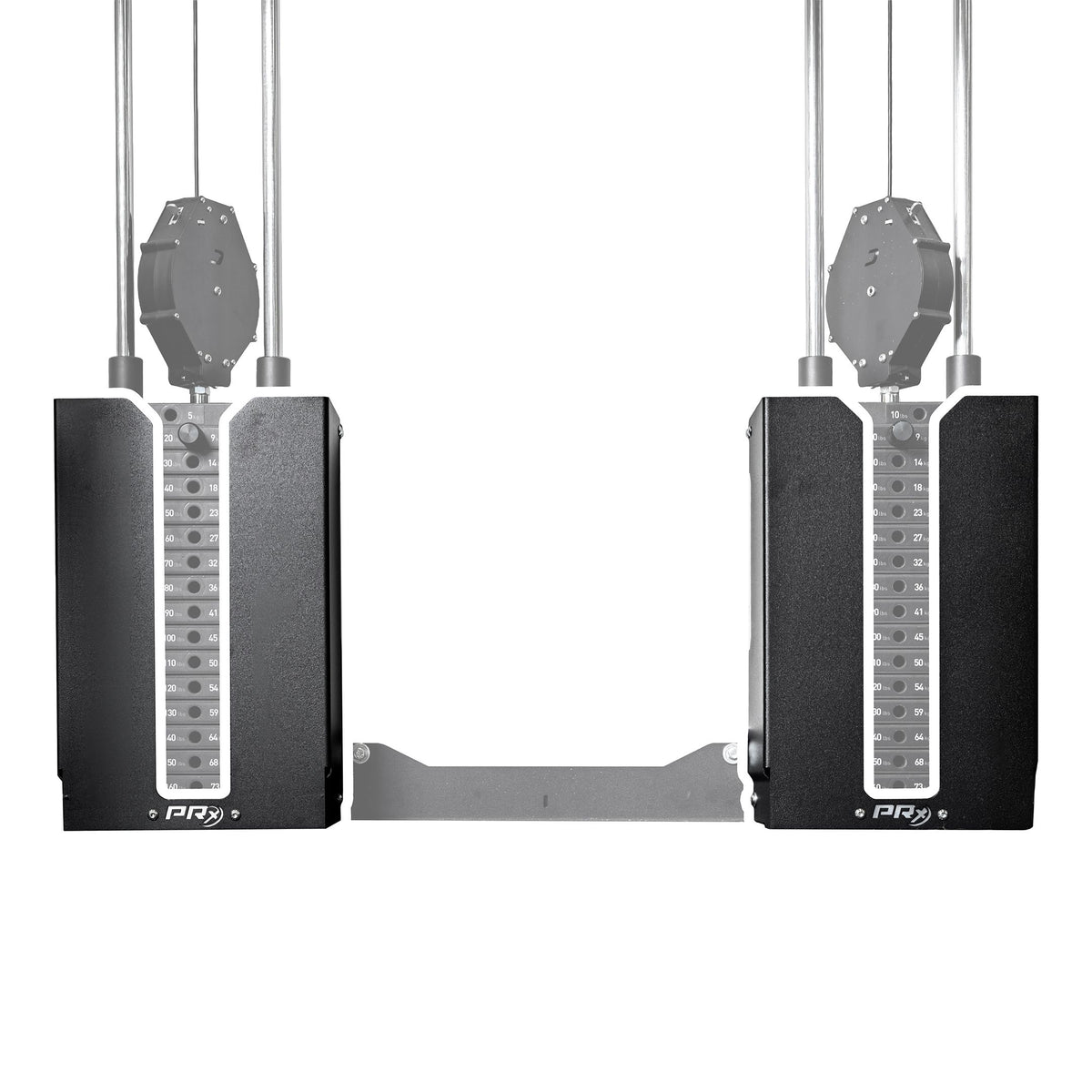 A pair of black and silver dual-motor swing set side pieces with vertical support posts, shown against a plain white background.