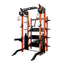 Gym power rack with orange and black design on a white background