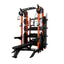 Black and orange weightlifting rack with various attachments on a white background