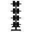 Black weight rack with multiple weight plates on a white background