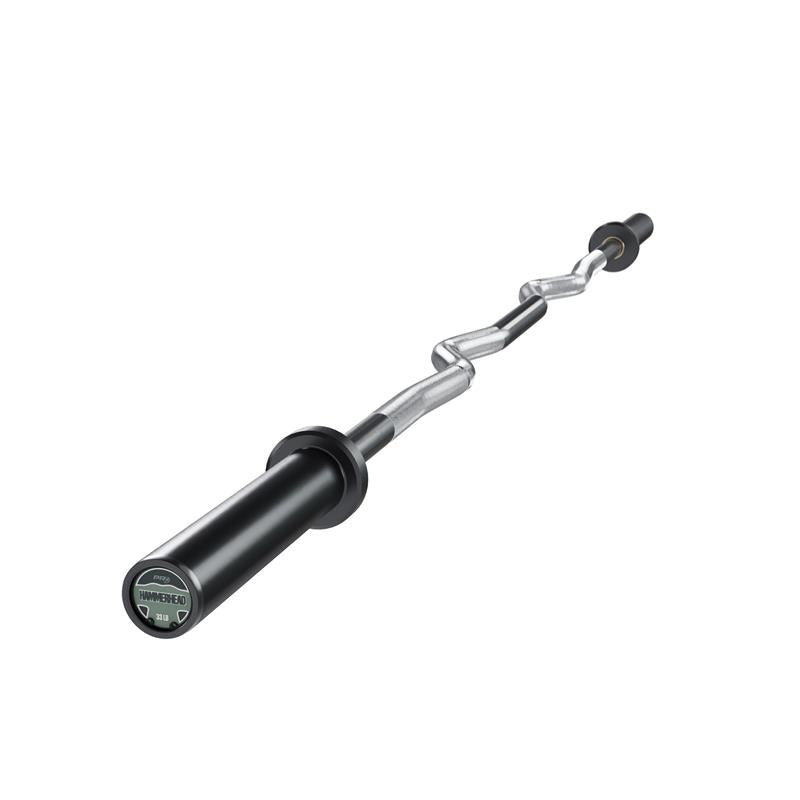 Black and chrome barbell on a white background