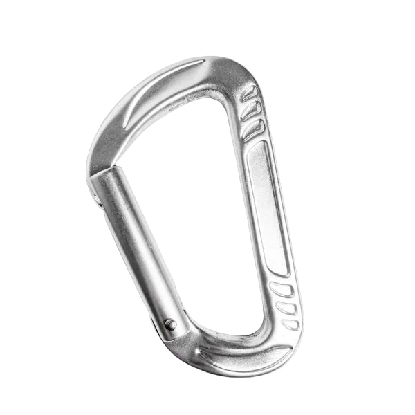 A silver metal carabiner with a textured, ribbed outer frame and a spring-loaded gate, shown on a plain light gray background.