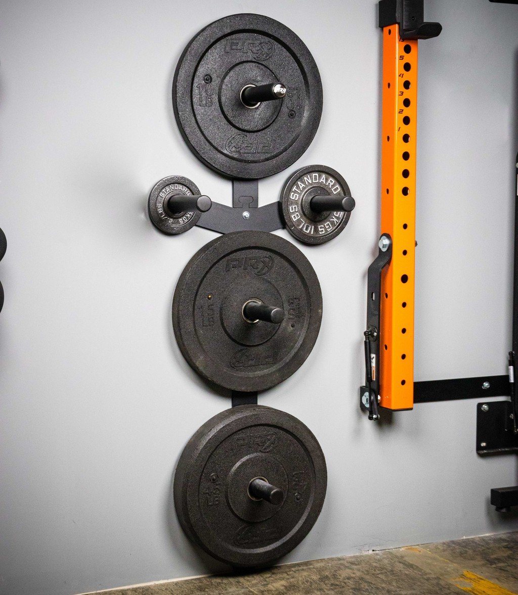Loaded weight on vertical wall mounted weight plate storage