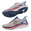 White running shoe with blue, red, and gold accents on a gray background