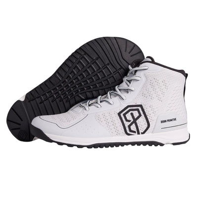 White high-top sneakers with black sole and logo on a gray background