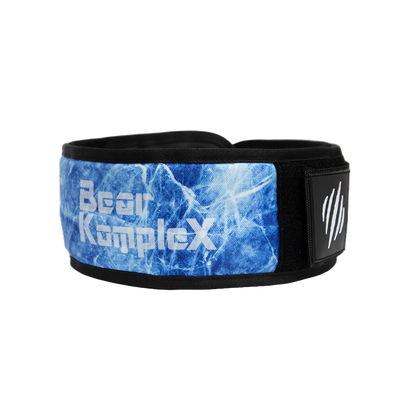 Black weightlifting belt with blue marble pattern and brand logo on a white background
