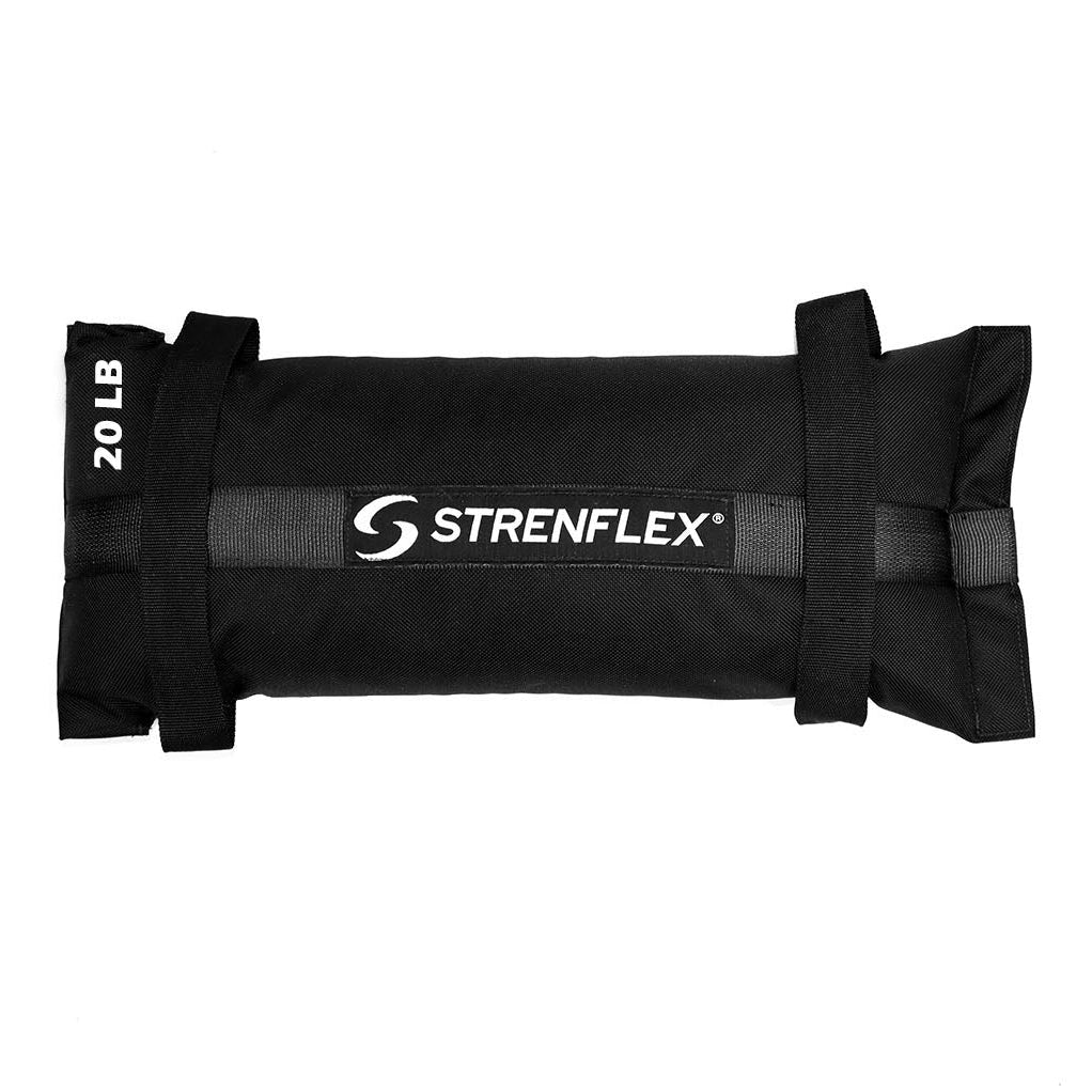 A black Strenflex 20 LB sandbag weightlifting tool with adjustable straps and a white logo, shown against a plain white background.