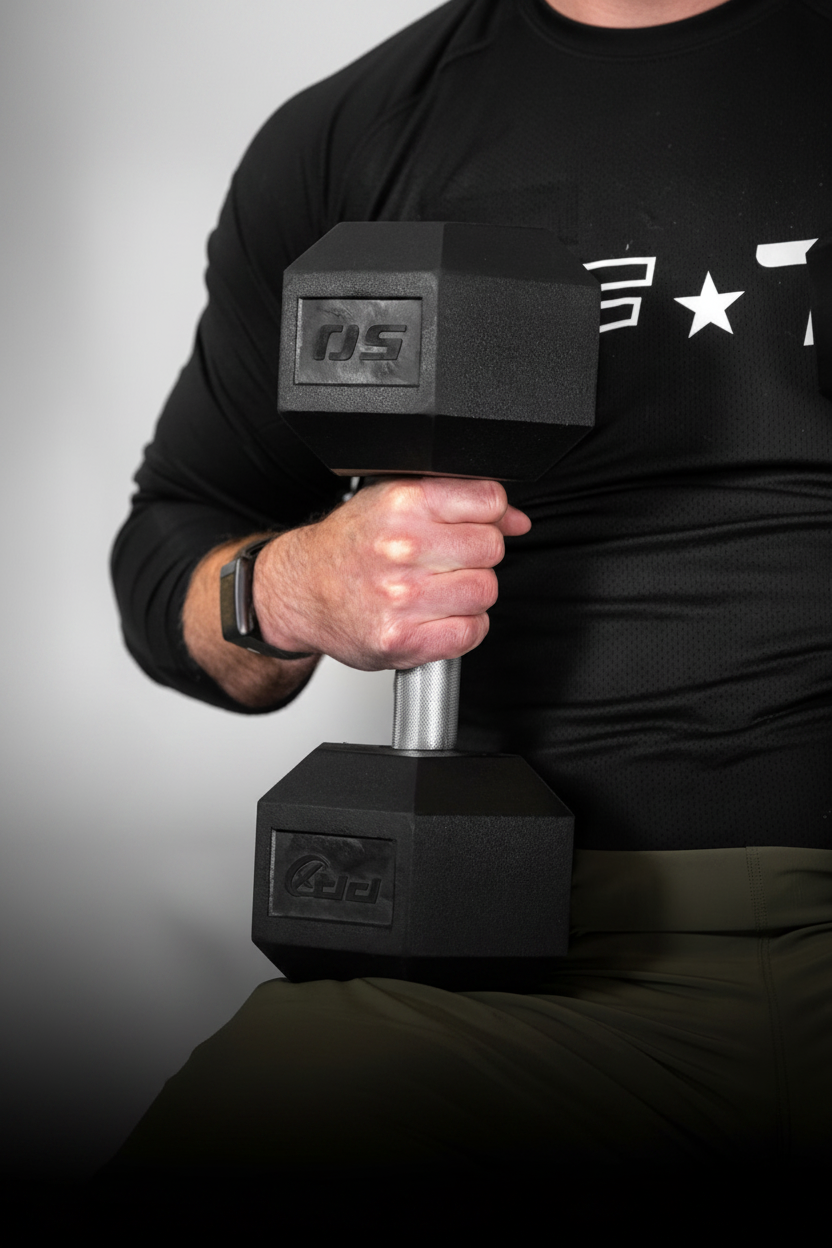 A close-up of a person holding a black hex dumbbell with a silver handle, wearing a black long-sleeve shirt with a white star graphic and olive green pants. The brand logo 'DS' is embossed on the dumbbell head.