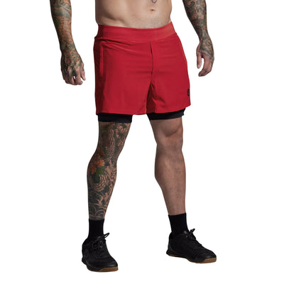 Person wearing red shorts on a plain background