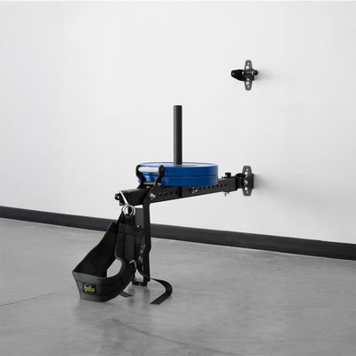 Wall-mounted weightlifting device with blue weight plate on a gray floor.