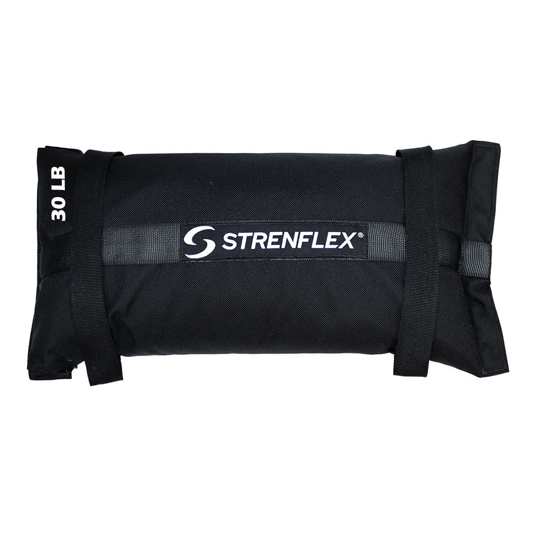 A black STRENFLEX 30 LB weight sandbag with white branding and text, shown on a plain white background.