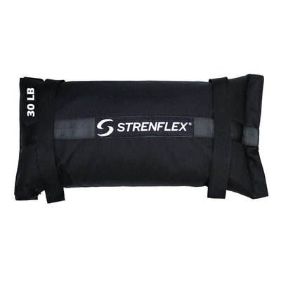 A black STRENFLEX 30 LB weight sandbag with white branding and text, shown on a plain white background.