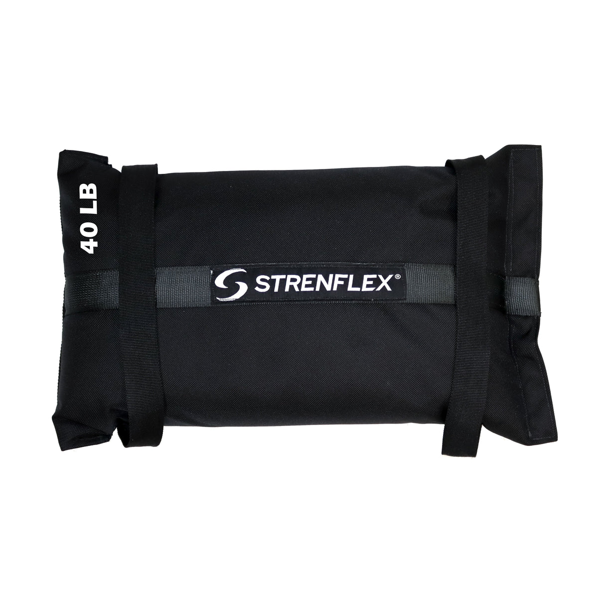 A black 40 lb sandbag weight carrier with the brand name 'STRENFLEX' printed in white on the front, set against a plain white background.