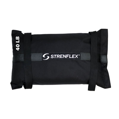 A black 40 lb sandbag weight carrier with the brand name 'STRENFLEX' printed in white on the front, set against a plain white background.