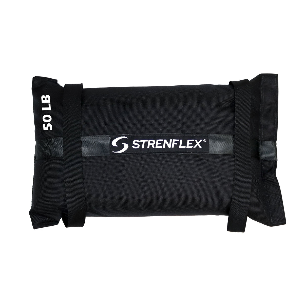 A black 50 lb sandbag weight with the brand name 'STRENFLEX' printed in white across the center, shown on a plain white background.