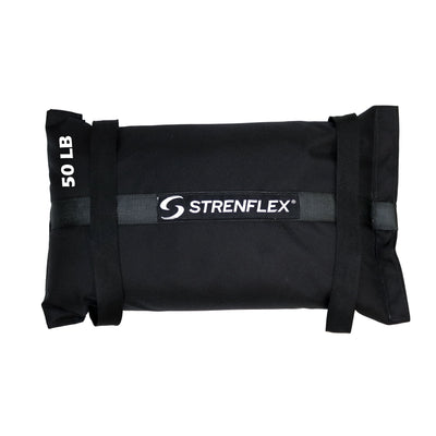 A black 50 lb sandbag weight with the brand name 'STRENFLEX' printed in white across the center, shown on a plain white background.