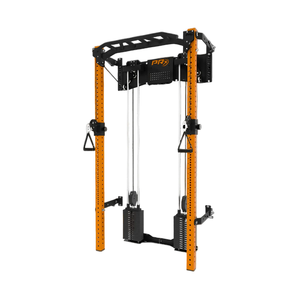 A PRx cable pulley system with orange and black metal frame components, shown on a solid white background.