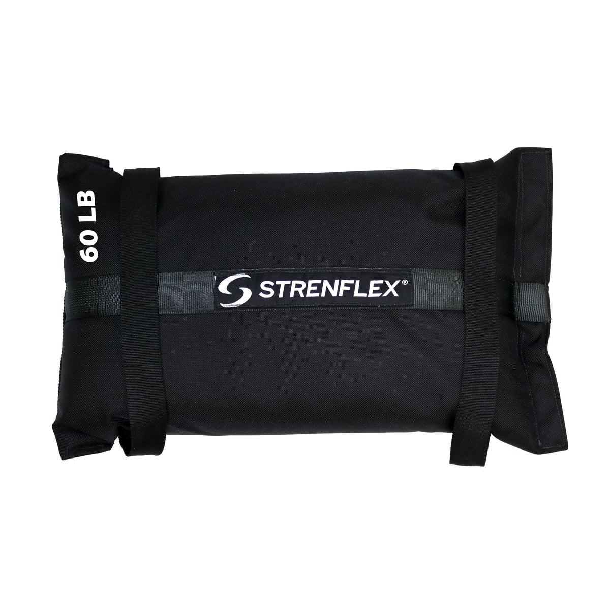 A black STRENFLEX sandbag weight with a 60 lb capacity label, featuring a central brand logo and adjustable straps, shown against a plain white background.
