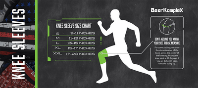 Knee sleeve size chart with a running man illustration on a chalkboard background, featuring Bear KompleX branding.