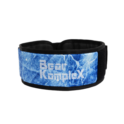 Black weightlifting belt with blue marble pattern and 'Bear KompleX' branding on a white background