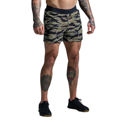 Person wearing camouflage shorts on a gray background