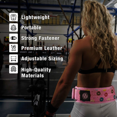Person wearing a pink wrestling belt with features listed on the left