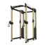 Gym power rack with multiple attachments on a white background