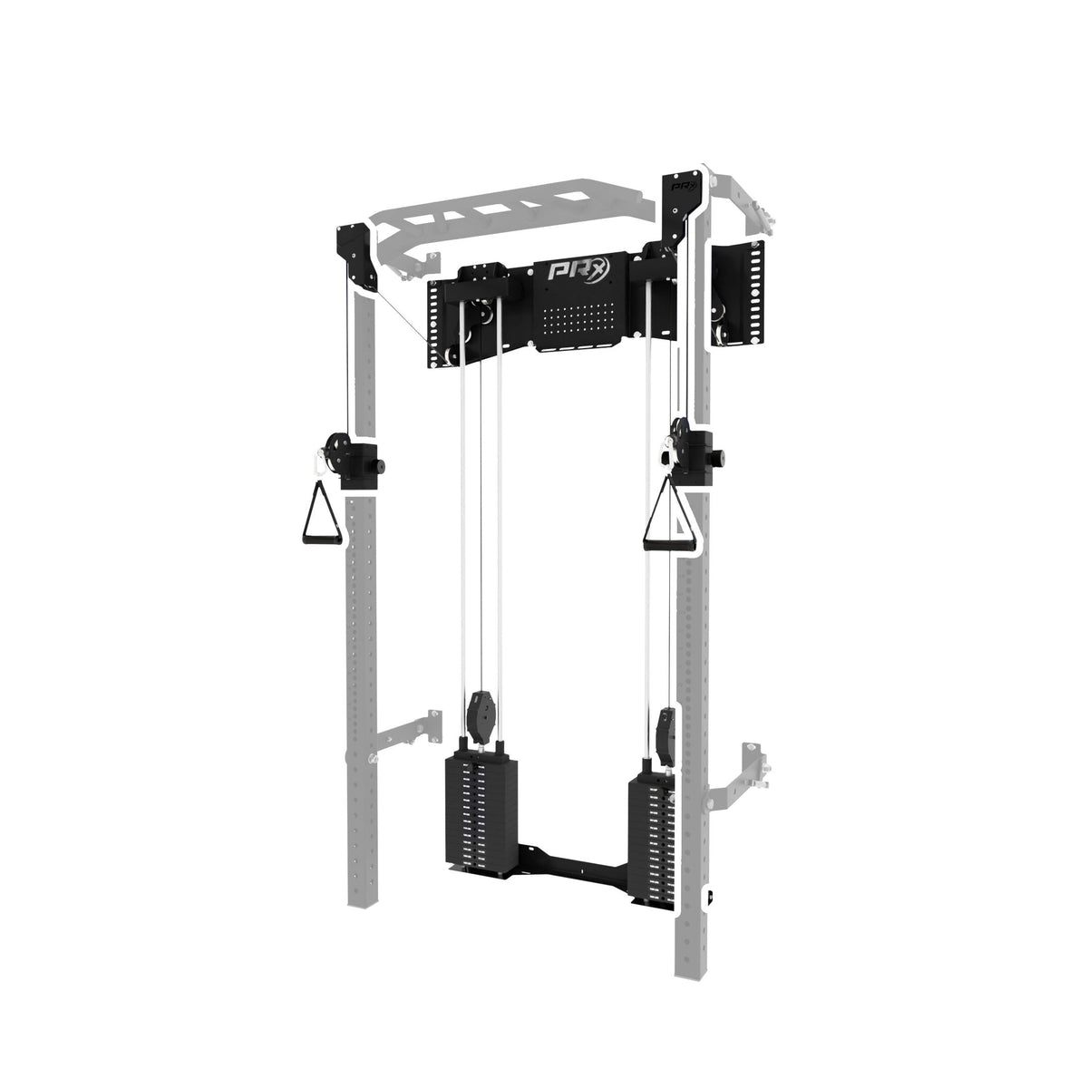 Gym cable machine with 'PRx' branding on a white background