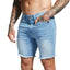 Person wearing light blue denim shorts with a gray background