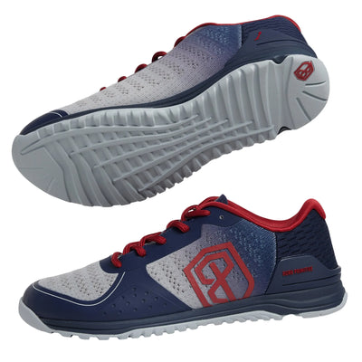 Blue and red athletic shoes with a prominent logo on a light gray background