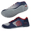 Blue and red athletic shoes with a prominent logo on a light gray background