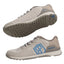 Gray and beige athletic shoes with a blue logo on a light gray background
