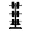 Black weight plate rack with multiple weight plates on a white background