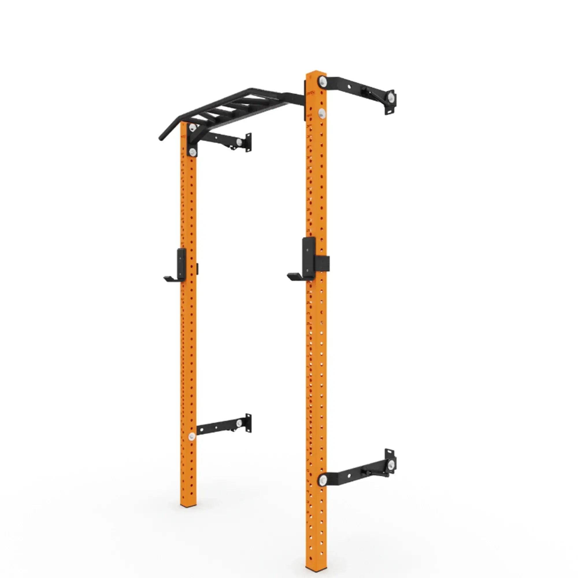 PRx Profile PRO Folding Squat Rack with Multi-Grip Bar - Orange in down position