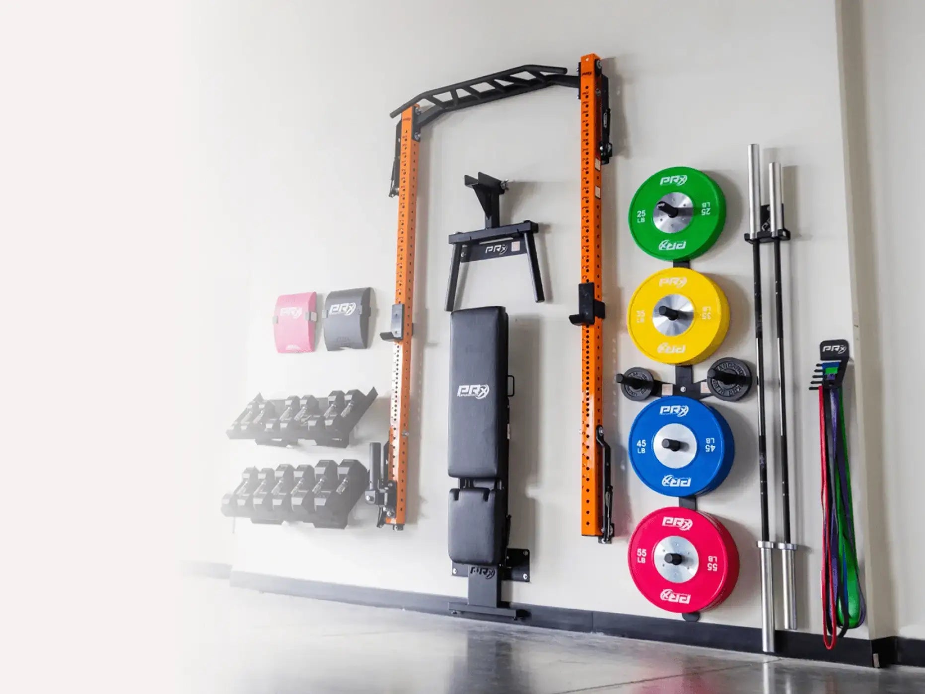 PRx Performance Banco de pesas plano montado en la pared que se pliega en  el estante de pared, ahorra espacio, gimnasio en casa, equipo de fitness